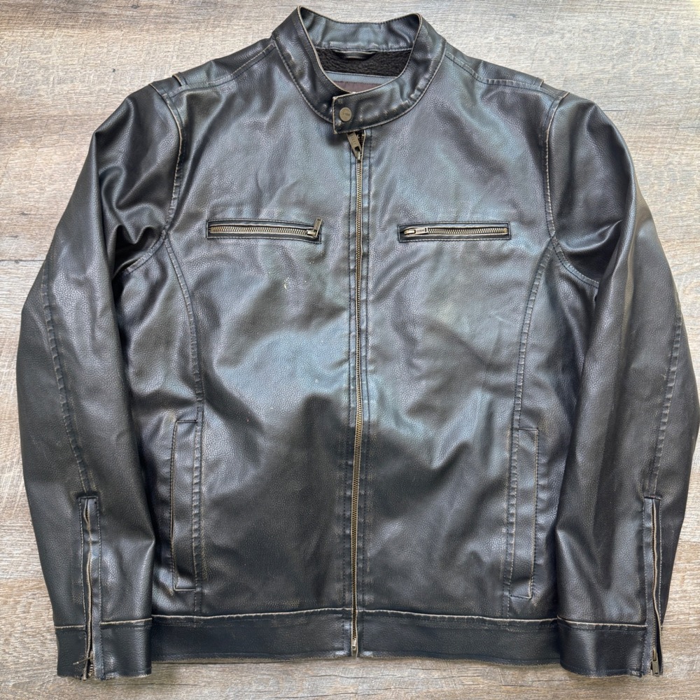Guess‎ Mens Faux Leather Moto Biker Jacket Black Distressed Sherpa Lined Large
